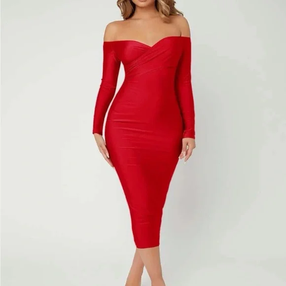 WOMENS XL BODYCON SEXY RED OFF SHOULDER DRESS - Picture 4 of 8